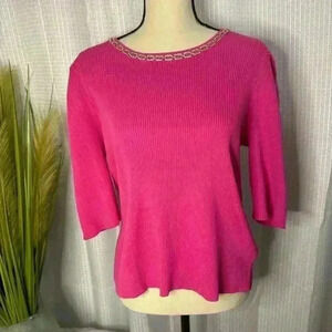 Nanette Lepore Women’s XL Bright Pink 1/2 Sleeve Rib Sweater Jewel Trim Neck